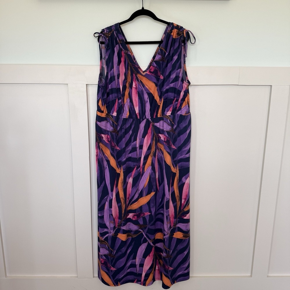 IMAN Global Chic Maxi Dress‎ Women's 2x  Purple Tropical Leaf Vacation Beach